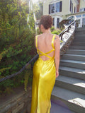 Yellow Mermaid Yellow Satin V-neck Backless Long Evening Prom Dresses Wedding Guest Dress HZ0311