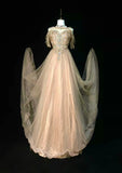 Modest A line Jewel Champagne Tulle With Beaded Bodice College Formal Outfit Long Prom Graduation Dresses For Teens HZ0311
