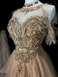 Modest A line Jewel Champagne Tulle With Beaded Bodice College Formal Outfit Long Prom Graduation Dresses For Teens HZ0311