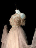 Modest A line Jewel Champagne Tulle With Beaded Bodice College Formal Outfit Long Prom Graduation Dresses For Teens HZ0311