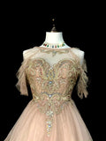 Modest A line Jewel Champagne Tulle With Beaded Bodice College Formal Outfit Long Prom Graduation Dresses For Teens HZ0311