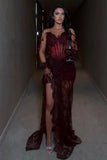Elegant Mermaid Spaghetti Strap Burgundy Lace With Leg Slit Senior Teens Prom Dresses Evening Party Formal Gown 18th Birthday Gowns HZ0311