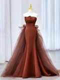 Brown Mermaid Satin Tulle Long Prom Dress, Brown Long Evening Dress HZ0427