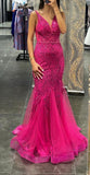 Stunning Mermaid V Neck Hot Pink Baddie Tulle With Beaded Formal Dance Evening Party Gowns HZ0311