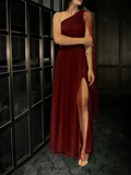 Simple Prom Dresses A line One Shoulder Burgundy Tulle With Slit Long Parties Gowns Evening Dress HZ0311