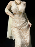 Modest A line V Neck Champagne Lace College Formal Outfit Long Prom Graduation Dresses For Teens HZ0311