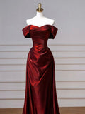 Simple Off Shoulder Satin Burgundy Long Prom Dress, Burgundy Long Formal Dress Party Gown HZ0311