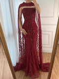 Elegant Mermaid Strapless Burgundy With Sequins Scarf Long Formal Fancy Evening Dress Dinner Outfits Classy Party Gowns HZ0311