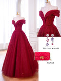 Shinning Ball Gown Off The Shoulder Red Tulle With Beads For Women Party Dresses Long Formal Prom Dresses 22th Birthday Gown HZ0311