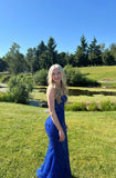 Sparkly Mermaid Strapless Royal Blue Lace Long Formal Gowns Prom Dresses With Appliques Evening Dress HZ0311