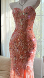 Mermaid Coral Formal Dresses Tulle Sequin Sweetheart Neck Long Prom Dresses Coral Evening Dresses HZ0311