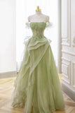 Elegant Sage Green Tulle Lace Prom Dress Off The Shoulder Long Evening Party Dress Prom Gowns HZ0311