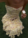 Classy Sheath Strapless Yellow Chiffon Floral Long Prom Dresses Party Dress 18th Birthday Outfits Graduation Dress HZ0311