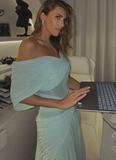 Sexy Mermaid Off The Shoulder Light Sky Blue Chiffon Prom Dresses Party Dress Long Evening Dresses HZ0311