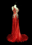 Vintage A line V Neck Red Sequin With Gold Appliques Bodice College Formal Outfit Long Prom Graduation Dresses For Teens HZ0311