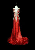 Vintage A line V Neck Red Sequin With Gold Appliques Bodice College Formal Outfit Long Prom Graduation Dresses For Teens HZ0311