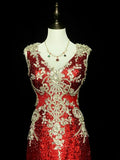 Vintage A line V Neck Red Sequin With Gold Appliques Bodice College Formal Outfit Long Prom Graduation Dresses For Teens HZ0311