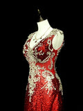 Vintage A line V Neck Red Sequin With Gold Appliques Bodice College Formal Outfit Long Prom Graduation Dresses For Teens HZ0311