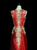 Vintage A line V Neck Red Sequin With Gold Appliques Bodice College Formal Outfit Long Prom Graduation Dresses For Teens HZ0311