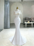 Princess Long Wedding Gowns Mermaid Off The Shoulder White Satin For Bride With Sleeves Train Bridal Dresses HZ0311
