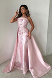 Women Elegant Pink A-Line Strapless Satin Party Dress with Appliques and Detachable Train Evening Gowns HZ0311