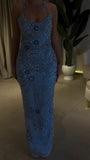 Fancy Mermaid Halter Blue Beaded Long Prom Dresses Formal Gown Inspo Evening Outfit HZ0311
