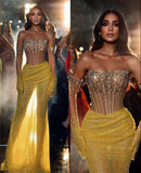 Modest Senior Prom Dresses High Schools Inspiration Mermaid Strapless Yellow Slit For Black Girls Semi Formal Grad Long Prom Dress For Teens HZ0311