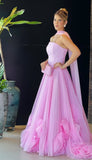 Modest Ball Gown Strapless Pink Chiffon Prom Dresses Inspo Simple Long Prom Gowns With Scarf HZ0311