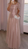 Chic Sheath Square Neck Blush Pink Satin Pleated Sleeveless Long Party Formal Women Prom Dresses HZ0311