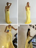 Yellow Mermaid Yellow Satin V-neck Backless Long Evening Prom Dresses Wedding Guest Dress HZ0311