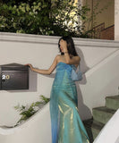 Sexy Mermaid Halter Blue Tulle Inspo Formal Party Gowns Long Prom Dresses HZ0311
