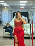 Modest Mermaid Strapless Red Sequin Black Women People Slit Prom Dresses With Beads Evening Party Formal Gown 17th Birthday Outfits HZ0311