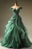 Retro Green Off Shoulder A-Line Beading Chiffon Long Prom Dress Evening Gown, HZ0427