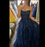 Stunning Navy Blue Strapless Beaded Tulle Long Prom Dresses Evening Formal Dress HZ0311