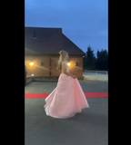 Classy V-neck Pink Sparkle Tulle A-line Long Prom Dresses Inspo Long Prom Gown HZ0311