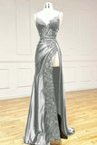 Classy Spaghetti Straps Mermaid Wine Red V Neck Satin Lace Long Prom Dresses Formal Dress HZ0311