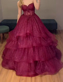 Modest Ball Gown Sweetheart Burgundy Tulle Lace Long Prom Dress Evening Formal Gowns HZ0311