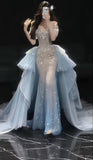 Glitter Mermaid Off The Shoulder Silver Beaded Champagne Long Prom Dresses With Train Inspiration Evening Gowns For Women Formal Party Dress HZ0311
