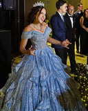 Light Blue Ball Gown Off The Shoulder Quinceanera Dress Sequins Birthday Luxury Dress Sweet 15 16 Birthday Gown HZ0311