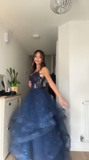 Unique Ball Gown Spaghetti Straps Navy Blue Tulle Lace Prom Dresses Party Dress 21st Birthday Outfits Graduation Dress HZ0311