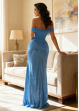 Chic Off-the-shoulder Sheath Long Prom Dresses Sequin Blue Evening Dresses Party Gown For Women HZ0311