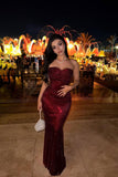 Sparkling Burgundy Sweetheart Strapless Sleeveless Sequins Prom Dress Mermaid Column On Sale HZ0311
