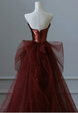 Mermaid Burgundy Mermaid Sequins Tulle Strapless Prom Dress Inspiration Prom Dresses HZ0311