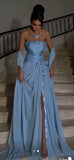 Charming A line Strapless Blue Chiffon Long Party Dresses With Scarf Prom Dresses Impress Wedding Guest Dress HZ0311