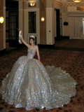 Sparkly Ball Gown Strapless Silver Sequin Long Quinceanera Dress Birthday Luxury Sweet 15 16 Birthday Gown HZ0311