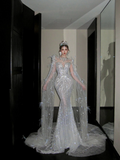 Shimmer Mermaid Long Sleeve Sequin Wedding Dress With Cape Feather Fairytale Brides Gown Wedding Dresses HZ0311