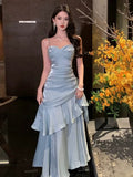 Shiny Mermaid Light Sky Blue Spaghetti Straps Dance Party Dress Girls Graduation Prom Dresses HZ0311