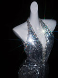 Glittery Mermaid Halter Grey Sequins Long Prom Dresses Evening Outfits Formal Dress HZ0311
