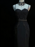 Chic Mermaid Spaghetti Strap Black With Beaded Appliques Long Party Dresses Prom Dresses Impress Wedding Guest Dress HZ0311
