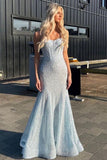 Shiny Royal Blue Mermaid Spaghetti Straps Long Beaded Prom Dress Party Gowns HZ0311